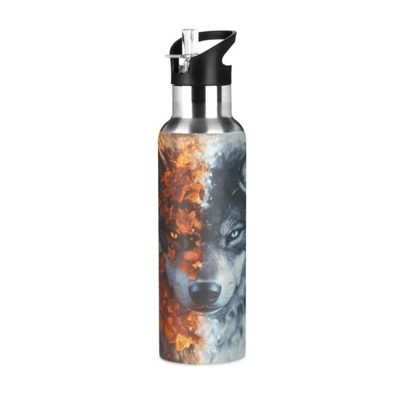 ALAZA Cool Winter Wolf Water Bottle Insulated Flask Stainless Steel Straw Lid 20 oz