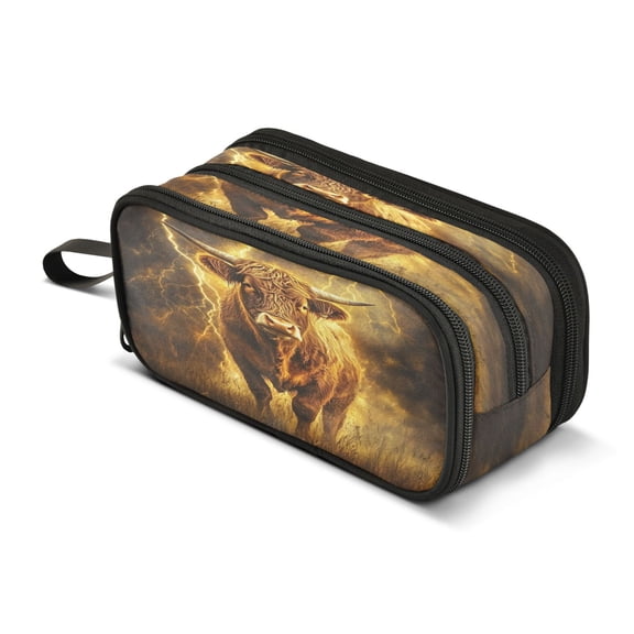 ALAZA Cow Lightning Field Pencil Case Bag 3 Compartment Pen Pouch Large Storage Holder Box Organizer