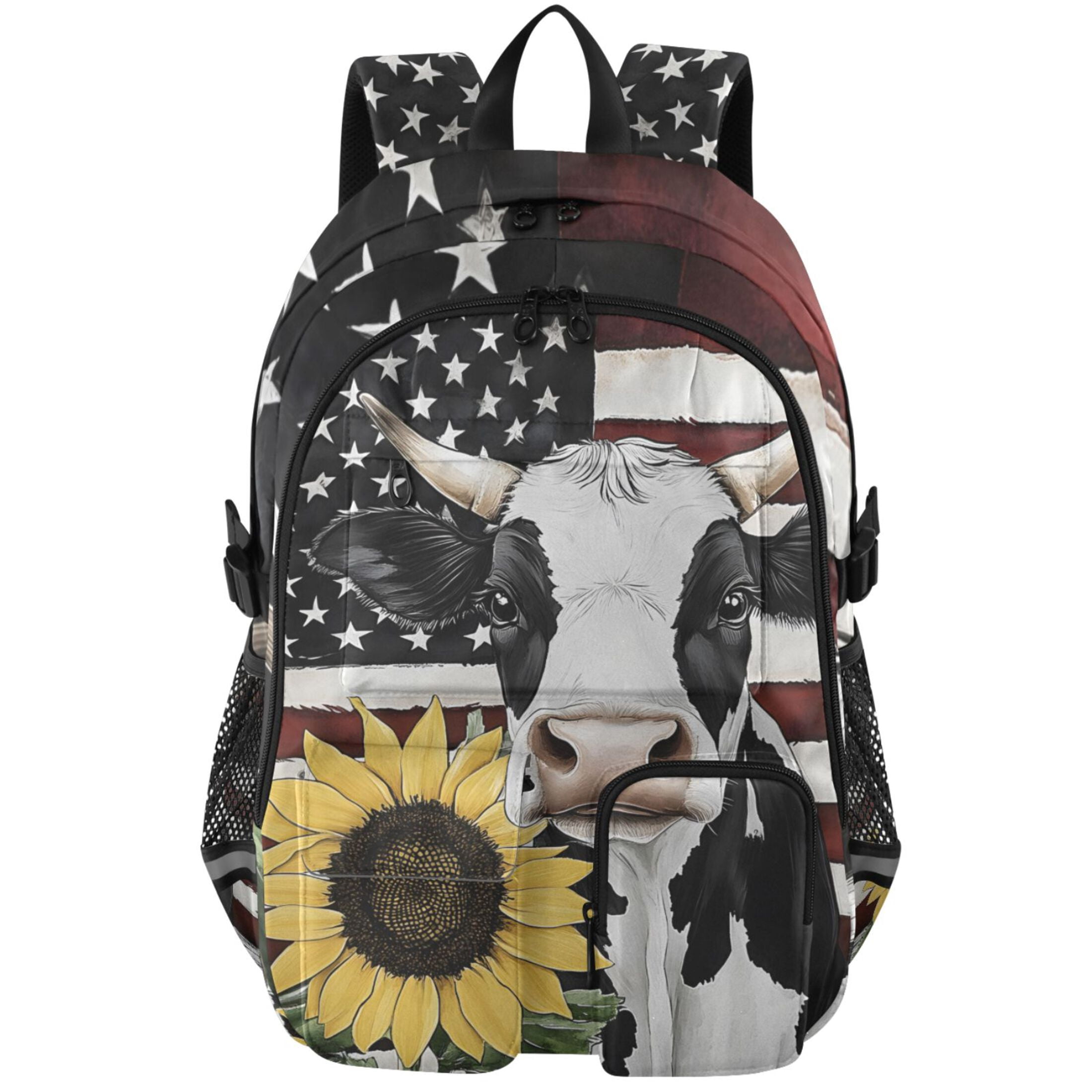 ALAZA Cow with Flag Sunflower Print Student Backpack School Bookbag Large Laptop Daypack Travel Bag