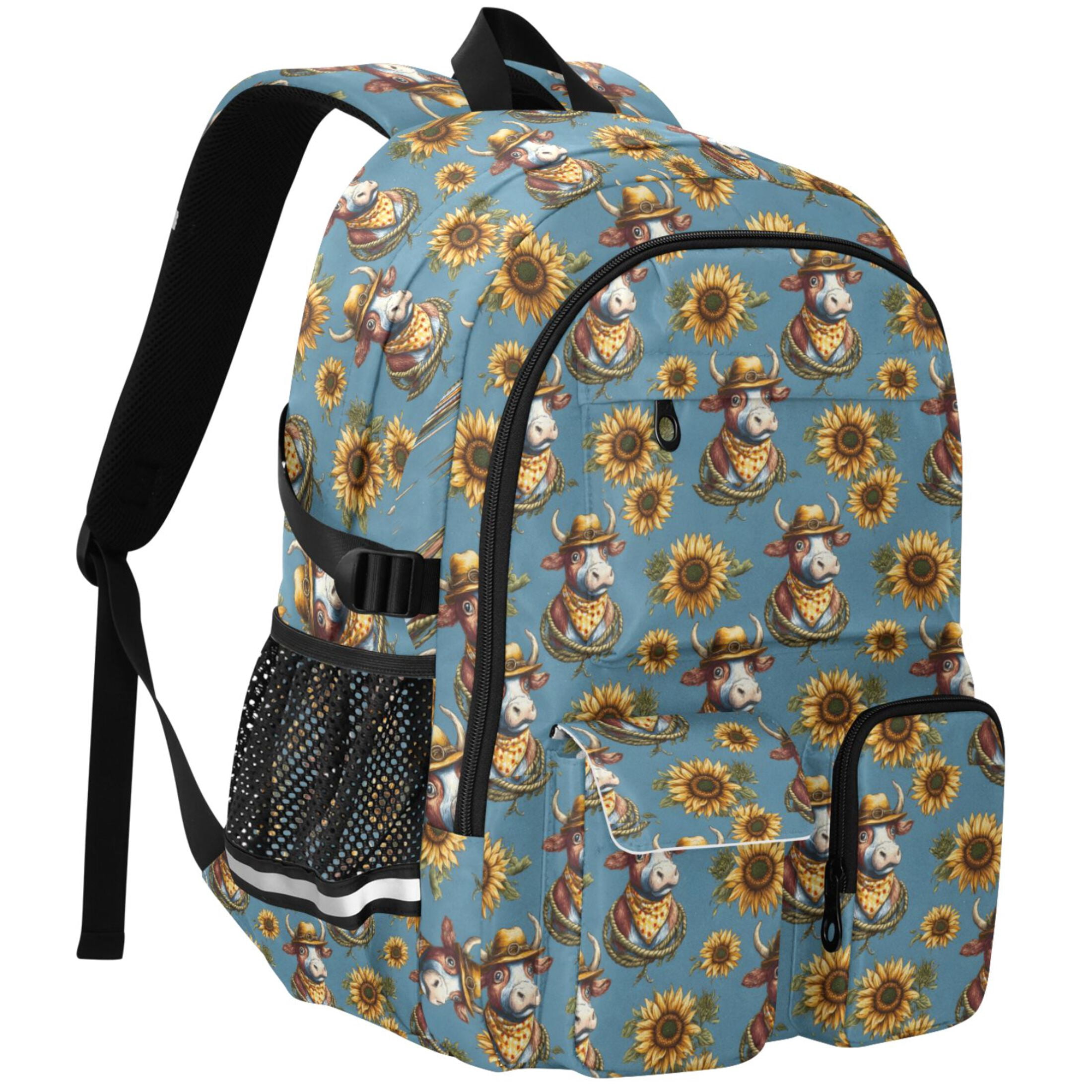 ALAZA Cow with Hat Sunflowers Print Student Backpack School Bookbag Large Laptop Daypack Travel Bag