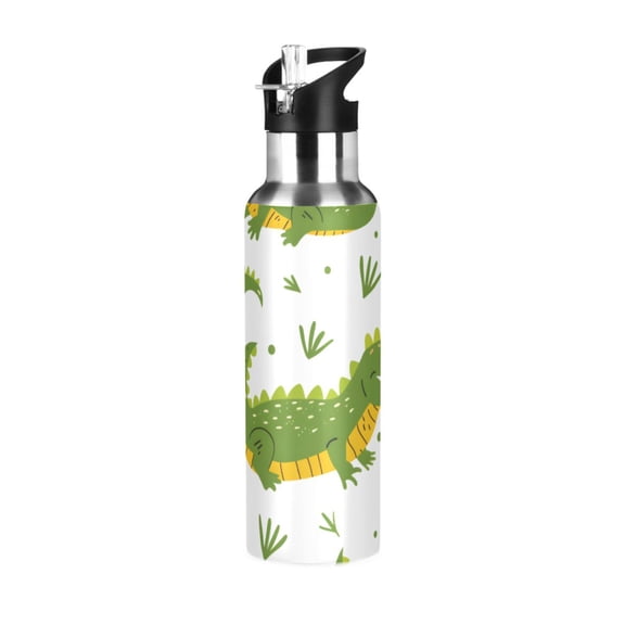 ALAZA Crocodile Hand Drawn Water Bottle Insulated Flask Stainless Steel Straw Lid 20 oz