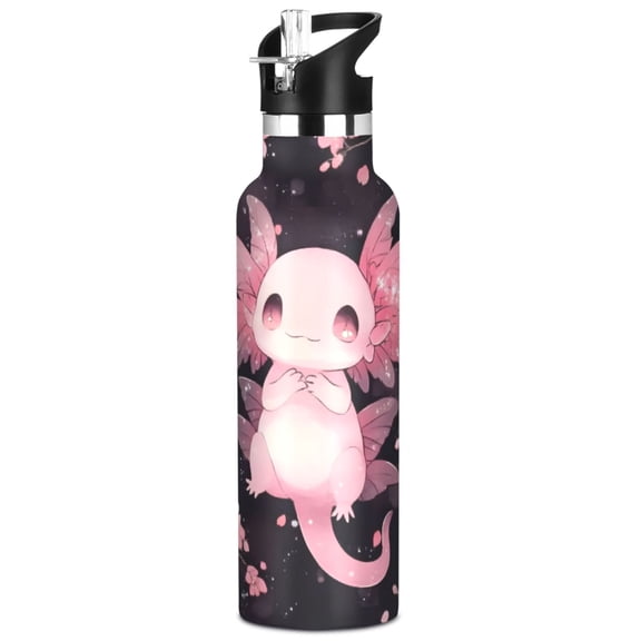 ALAZA Cute Axolotl Cherry Blossom Pattern Stainless Steel Water Bottle Vacuum Insulated Leak-Proof Tumbler with Straw Handle 20oz