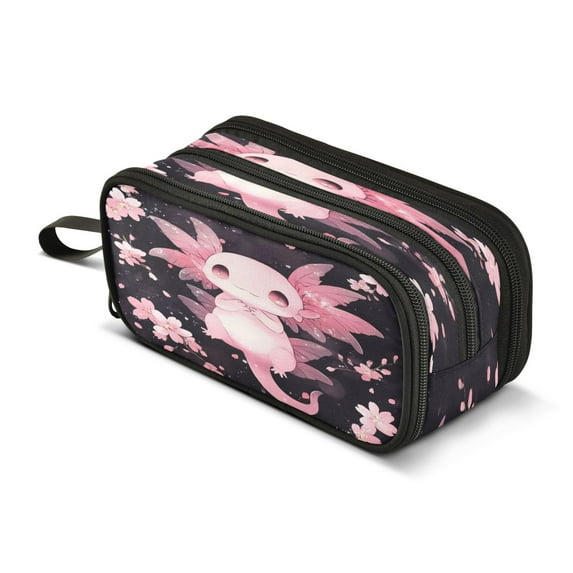 ALAZA Cute Axolotl Cherry Blossom Pencil Case Bag 3 Compartment Pen Pouch Large Storage Holder Box Organizer