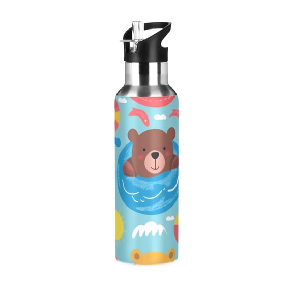 ALAZA Cute Bear Swimming Water Bottle Insulated Flask Stainless Steel Straw Lid 20 oz