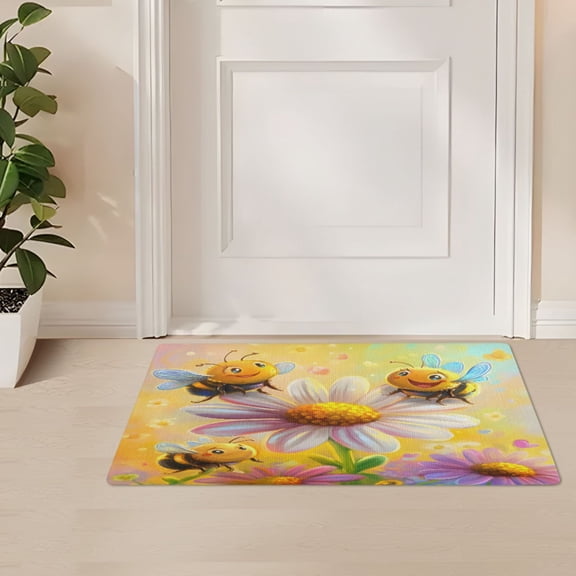 ALAZA Cute Bees on Daisy Floral Door Mat Outdoor Indoor Entrance Low Profile Floor Rugs 32"x20"