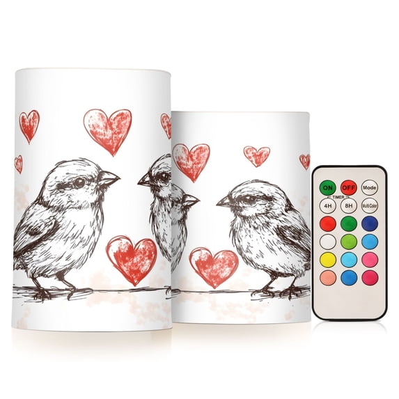 ALAZA Cute Birds Couple Hearts 2 PCs LED Flickering Flameless Candles with Remote Timer Battery Operated Candle