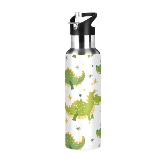 ALAZA Cute Cartoon Crocodile Water Bottle Insulated Flask Stainless Steel Straw Lid 20 oz