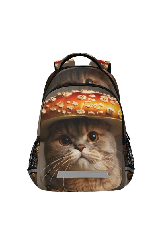 Cute Cat Wear Mushroom Hat Backpack Elementary School Bag Bookbag Travel Rucksack