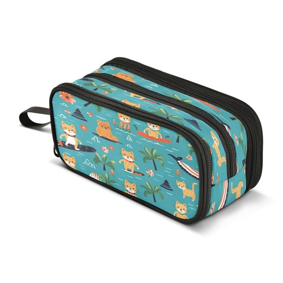 ALAZA Cute Cat and Skateboard Pencil Case Bag 3 Compartment Pen Pouch Large Storage Holder Box Organizer