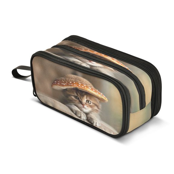 ALAZA Cute Cat with Mushroom Hat Pencil Case Bag 3 Compartment Pen Pouch Large Storage Holder Box Organizer