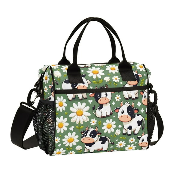 ALAZA Cute Cow and Daisy Flower Insulated Lunch Bag Reusable Tote Box Adjustable Shoulder Strap for Work Picnic