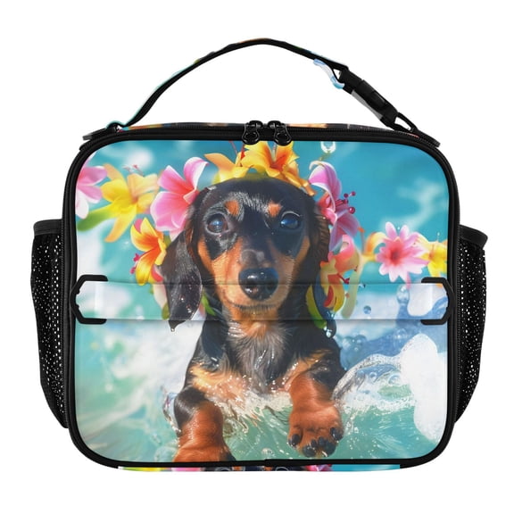 ALAZA Cute Dachshund Surfing Lunch Box Insulated Lunch Bag Cooler Tote with Shoulder Strap