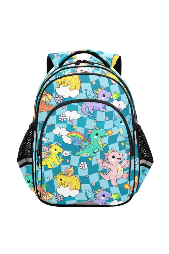 Cute Dragons Checkered School Backpack Elementary Bag Student Bookbag Travel Rucksack