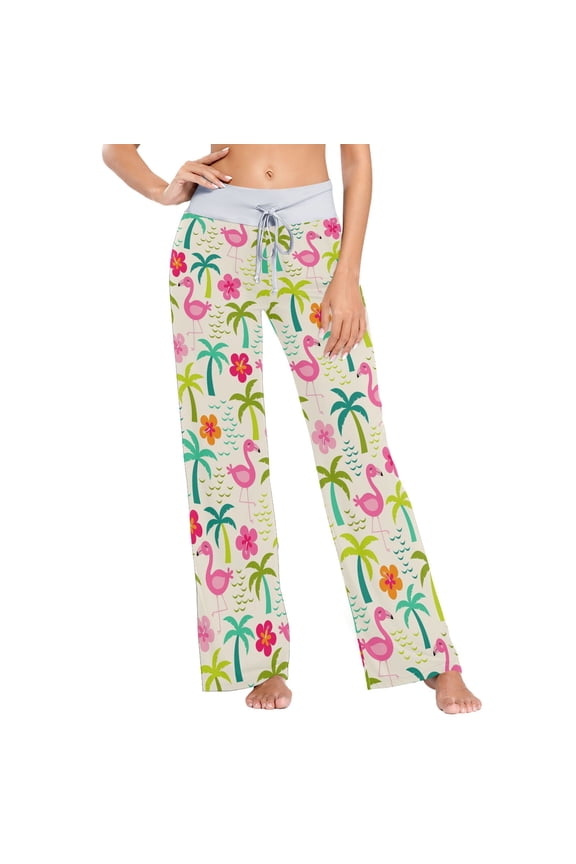 Cute Flamingo Palm Tree Women's Comfy Pajama Pants Sleepwear Wide Leg Drawstring Bottoms L