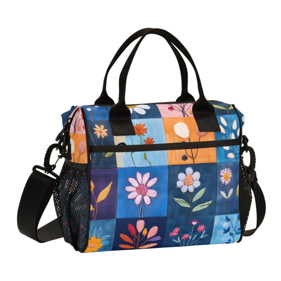 ALAZA Cute Flower on Checkered Insulated Lunch Bag Reusable Tote Box Adjustable Shoulder Strap for Work Picnic