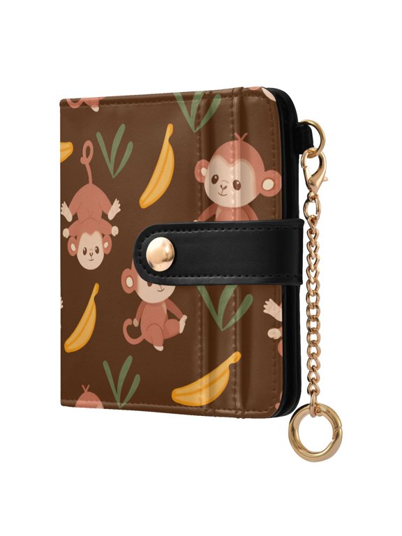 Cute Monkey Banana Pattern RFID Blocking Bifold Wallet Women Compact Card Holder with ID Window Zipper Coin Pocket