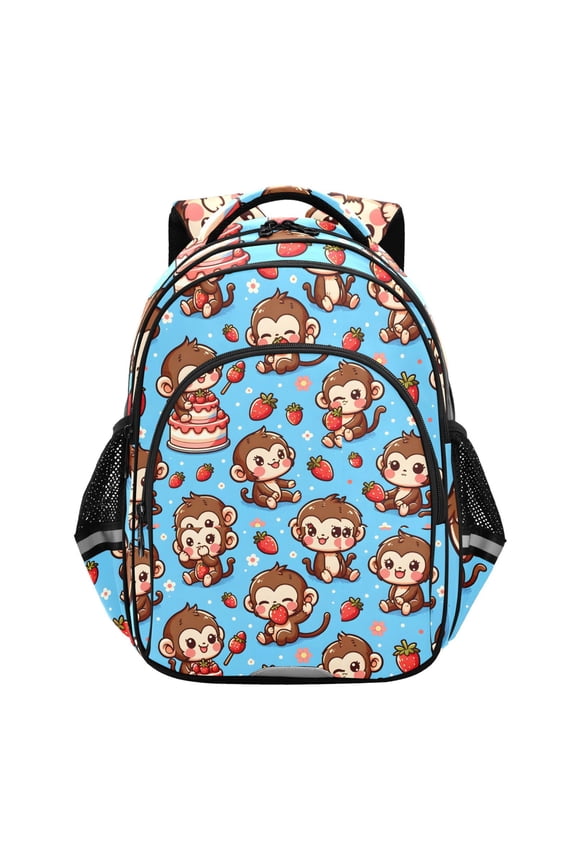 Cute Monkey and Strawberry School Backpack Elementary Bag Bookbag Travel Rucksack