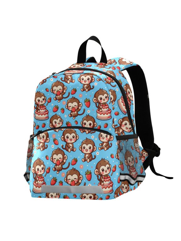 Cute Monkey and Strawberry School Backpack Elementary Student Bookbag