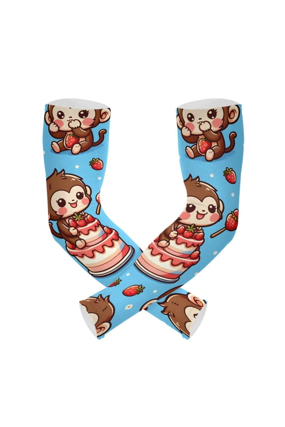 Cute Monkey and Strawberry UV Sun Protection Arm Sleeves UPF 50+ Compression Cooling Sleeve 1 Pair