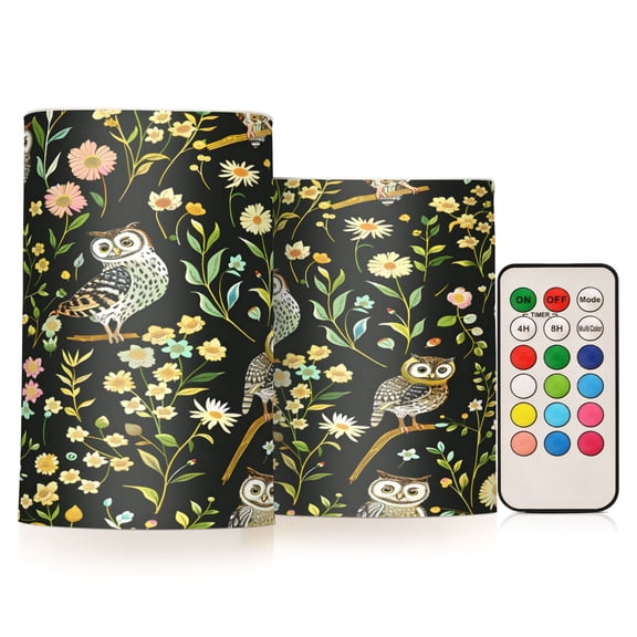 ALAZA Cute Owls in Daisy Floral 2 PCs LED Flickering Flameless Candles with Remote Timer Battery Operated Candle