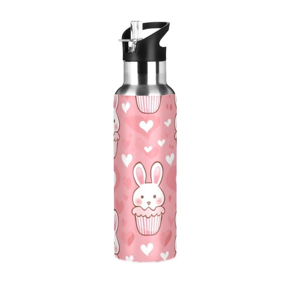 ALAZA Cute Rabbit Heart Water Bottle Insulated Flask Stainless Steel Straw Lid 20 oz