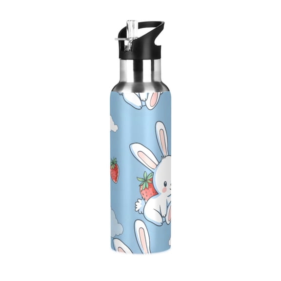 ALAZA Cute Rabbit Strawberry Water Bottle Insulated Flask Stainless Steel Straw Lid 20 oz