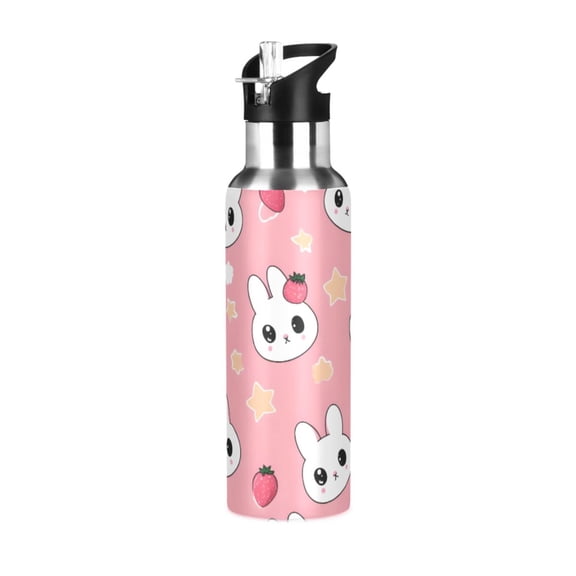ALAZA Cute Rabbit Strawberry Water Bottle Insulated Flask Stainless Steel Straw Lid 20 oz