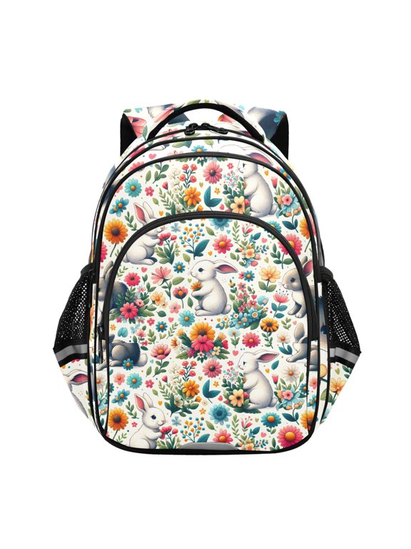 Cute Rabbit in Floral School Backpack Elementary Bag Bookbag Travel Rucksack