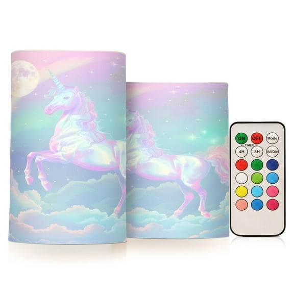 ALAZA Cute Unicorn on Cloud Rainbow 2 PCs LED Flickering Flameless Candles with Remote Timer Battery Operated Candle