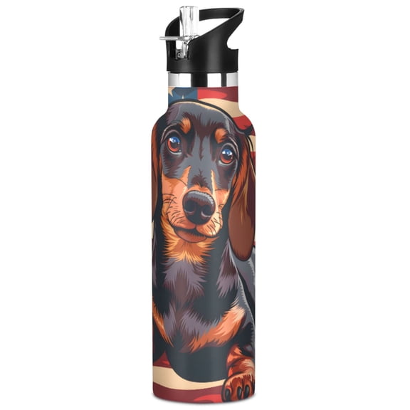 ALAZA Dachshund Dog and Flag Pattern Stainless Steel Water Bottle Vacuum Insulated Leak-Proof Tumbler with Straw Handle 20oz