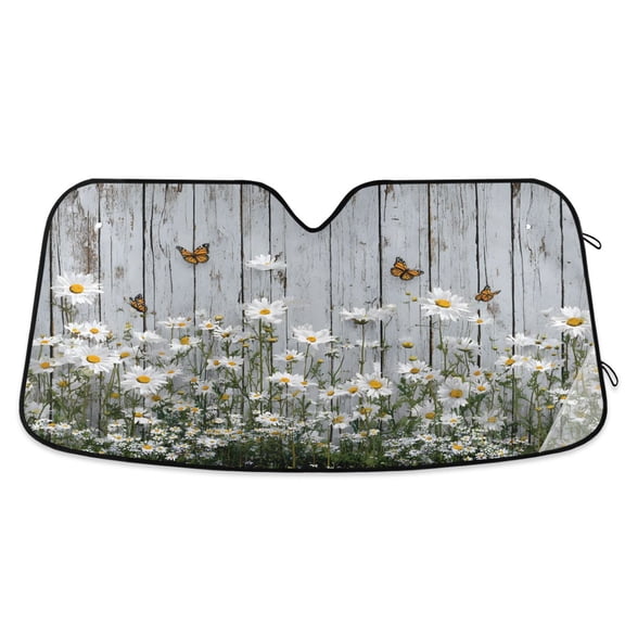 ALAZA Daisy Butterfly on Wood Pattern Car Windshield Sun Shade Foldable UV Ray Sunshade Visor Protector 53 x 23.5in
