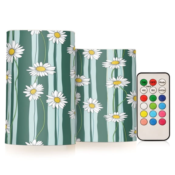ALAZA Daisy Flowers on Stripe 2 PCs LED Flickering Flameless Candles with Remote Timer Battery Operated Candle