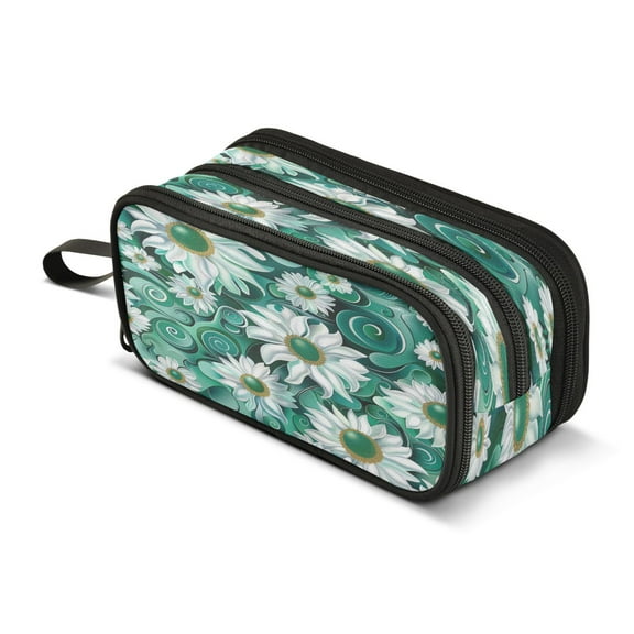 ALAZA Daisy White Blue Pencil Case Bag 3 Compartment Pen Pouch Large Storage Holder Box Organizer
