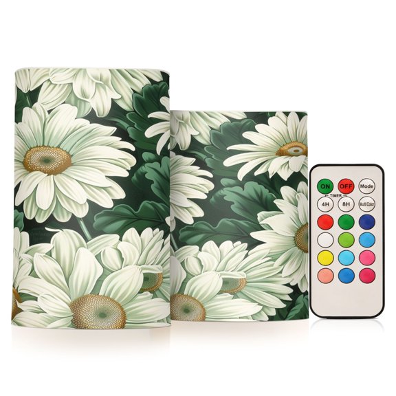 ALAZA Daisy White Green 2 PCs LED Flickering Flameless Candles with Remote Timer Battery Operated Candle