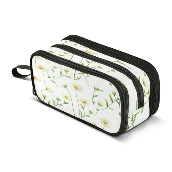ALAZA Daisy with Leaf Pencil Case Bag 3 Compartment Pen Pouch Large Storage Holder Box Organizer