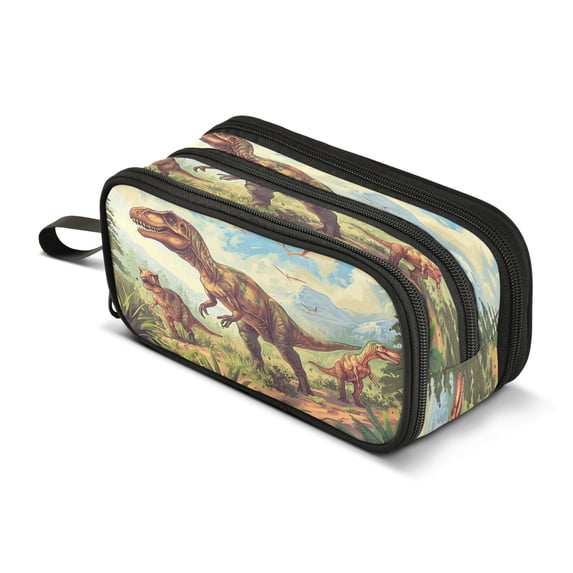 ALAZA Dinosaur in Forest-a1 Pencil Case Bag 3 Compartment Pen Pouch Large Storage Holder Box Organizer