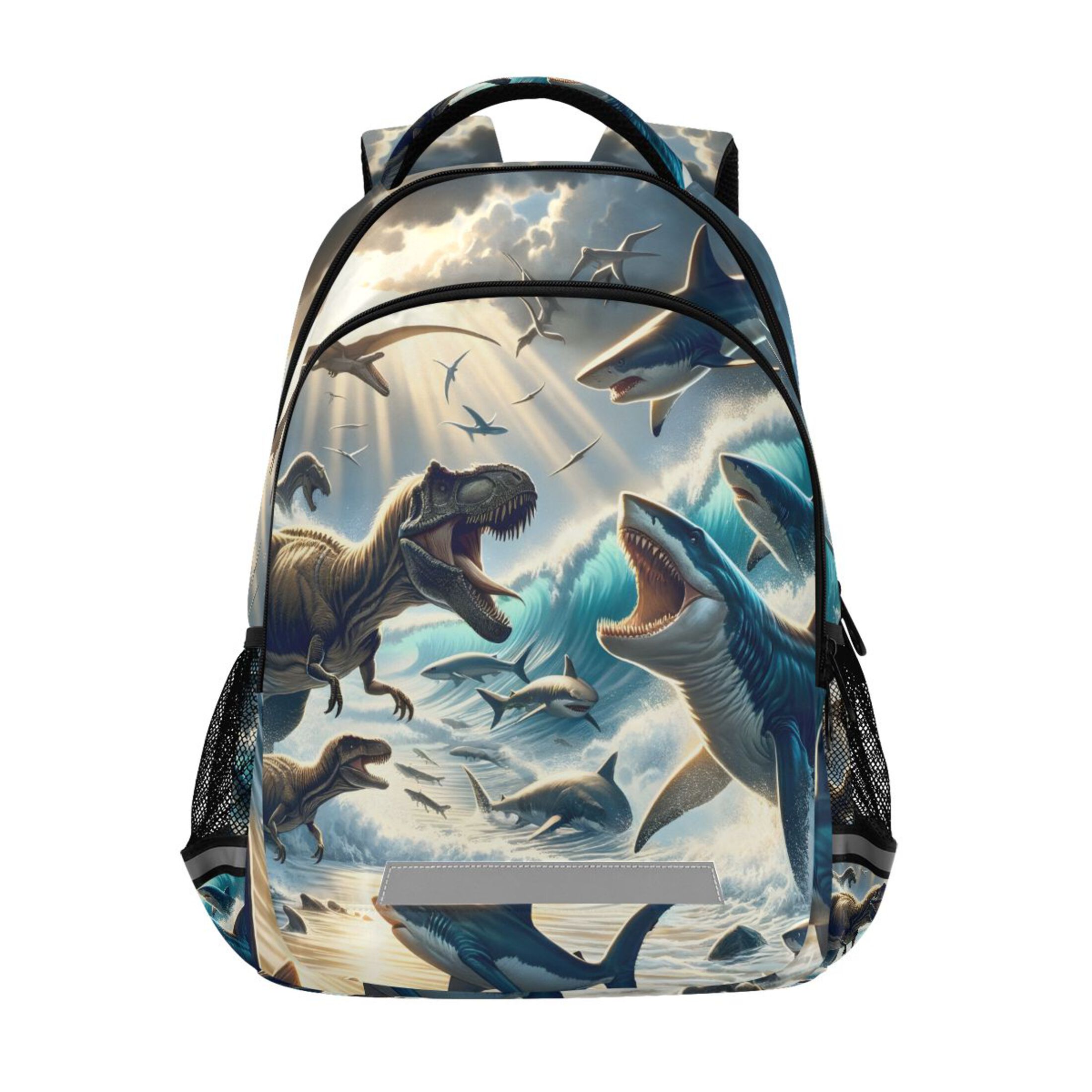 Mochila infantil de dinosaurios y tiburones en la playa, para escuela primaria, viaje