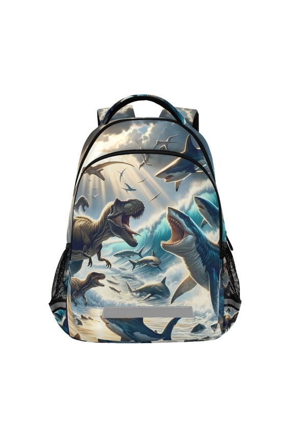 Dinosaurs and Sharks on Beach Backpack Elementary School Bag Bookbag Travel Rucksack