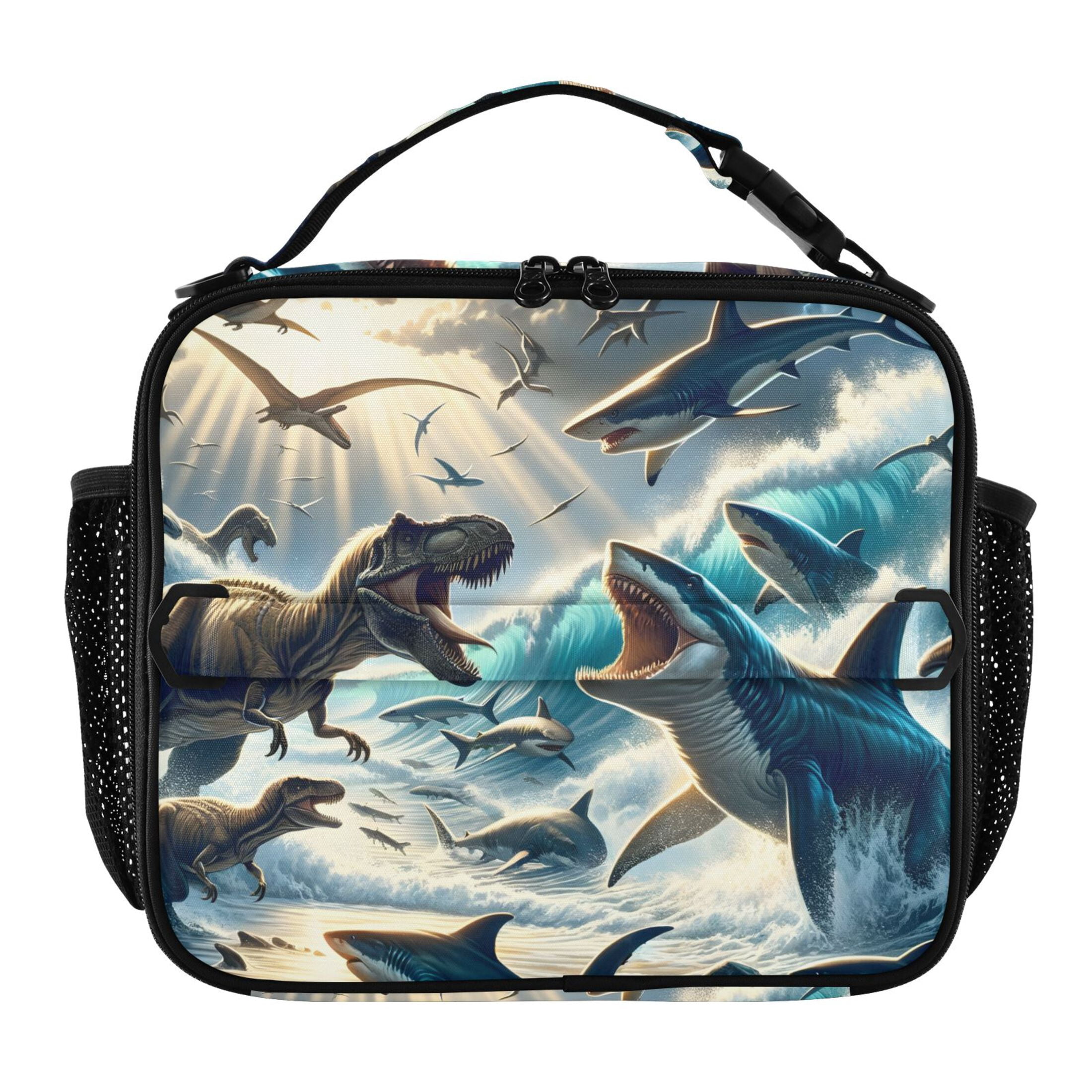 ALAZA Dinosaurs and Sharks on Beach Lunch Box Insulated Lunch Bag Cooler Tote with Shoulder Strap