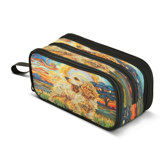 ALAZA Dog at Field Paint Pencil Case Bag 3 Compartment Pen Pouch Large Storage Holder Box Organizer