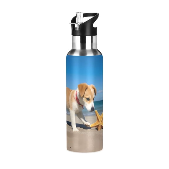 ALAZA Dog on Beach Water Bottle Insulated Flask Stainless Steel Straw Lid 20 oz