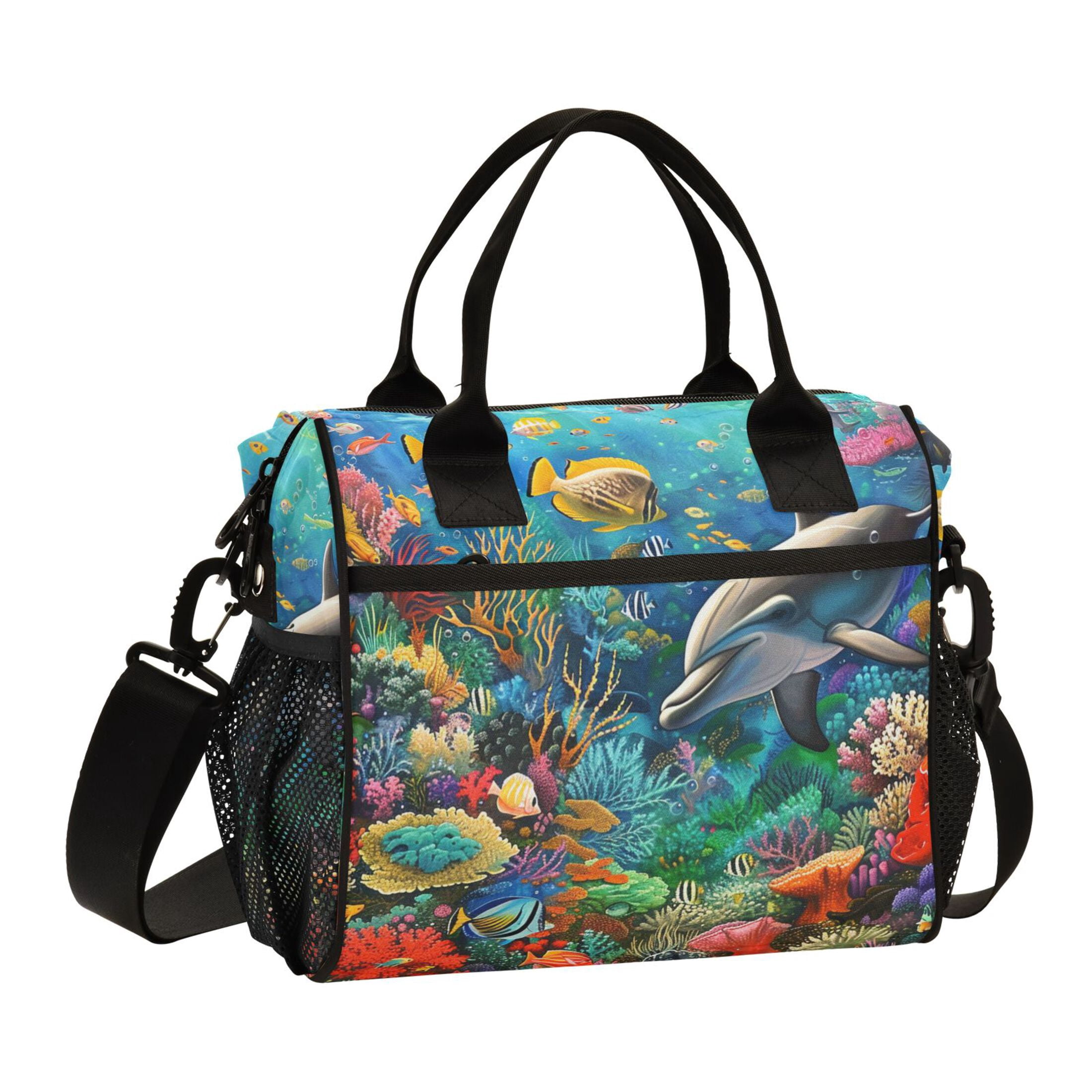 ALAZA Dolphin Fish Coral under Sea Insulated Lunch Bag Reusable Tote Box Adjustable Shoulder Strap for Work Picnic