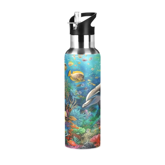 ALAZA Dolphin Fish Coral under Sea Water Bottle Insulated Flask Stainless Steel Straw Lid 20 oz