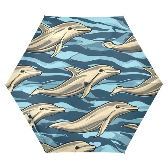 ALAZA Dolphins in Ocean UPF 50+ Compact Folding Umbrella for Rain Travel Umbrella Packable