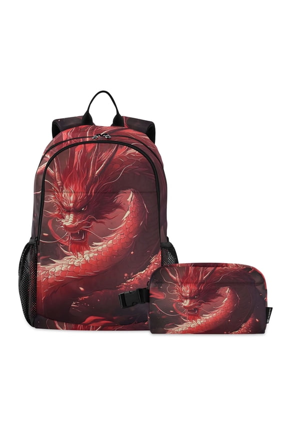Dragon Cool Red School Backpack Lunch Box Set Student Bookbag
