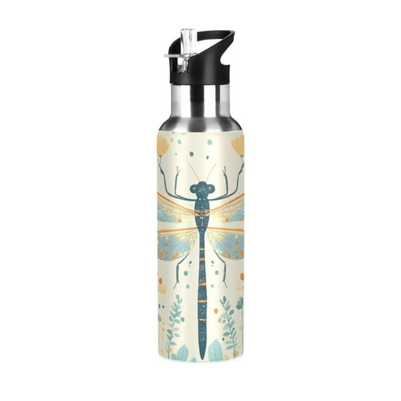 ALAZA Dragonfly Floral Water Bottle Insulated Flask Stainless Steel Straw Lid 20 oz