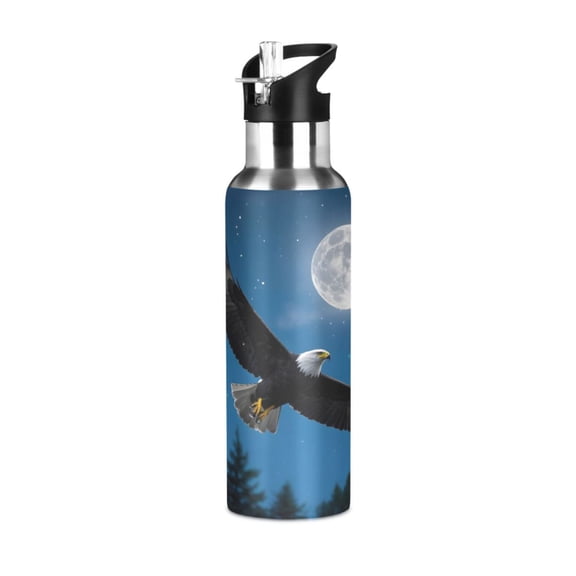 ALAZA Eagle at Night Water Bottle Insulated Flask Stainless Steel Straw Lid 20 oz
