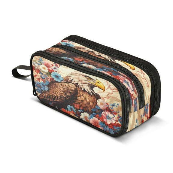 ALAZA Eagle in Flower Pencil Case Bag 3 Compartment Pen Pouch Large Storage Holder Box Organizer