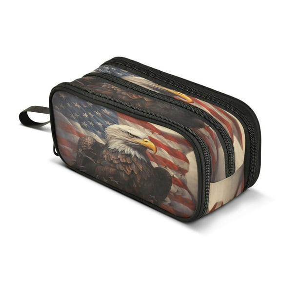 ALAZA Eagle with Flag Pencil Case Bag 3 Compartment Pen Pouch Large Storage Holder Box Organizer