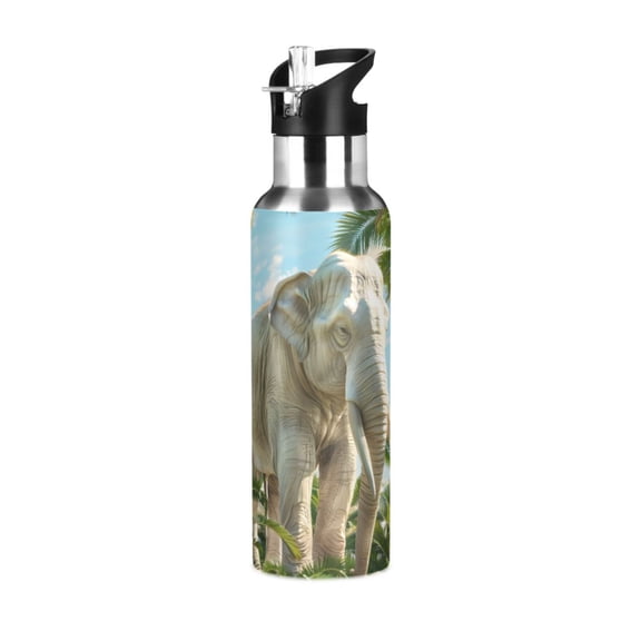 ALAZA Elephant in Hawaii Palm Tree Water Bottle Insulated Flask Stainless Steel Straw Lid 20 oz